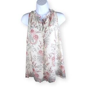 MAX STUDIO Top Sleeveless Floral White Muted Red Ruffle Neck M